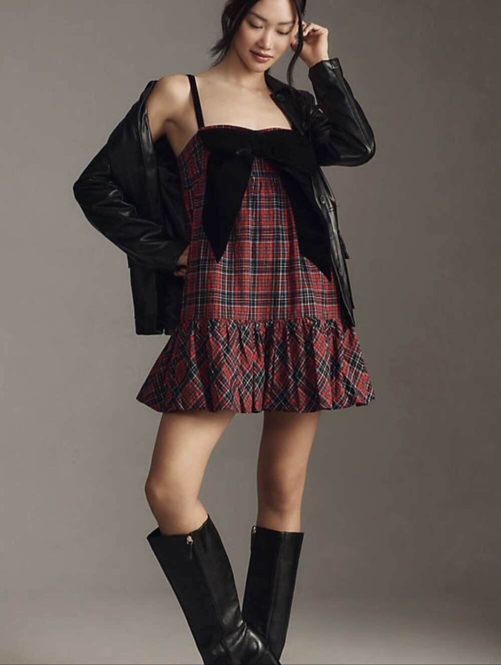SAYLOR "Lorelei" Plaid Metallic Mini Dress Pockets Velvet Bow Baby Doll Style LG